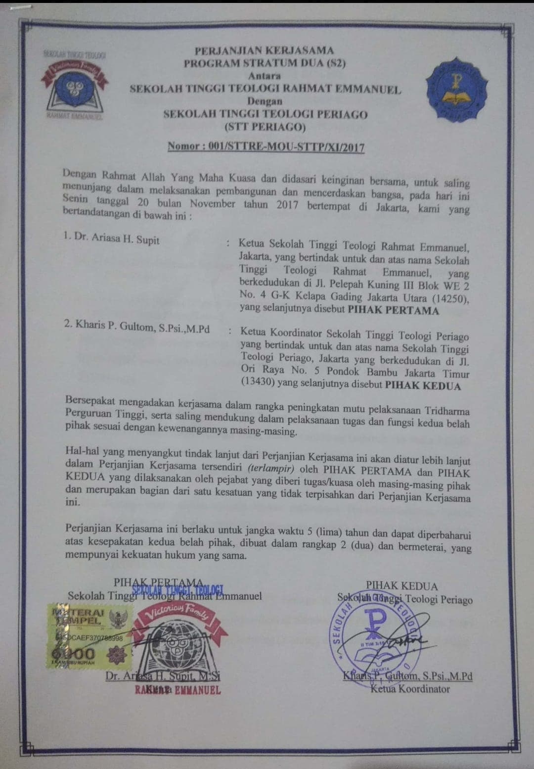 Memorandum Of Understanding (MOU) STT Periago – STT Rahmat Emmanuel (STT REM)