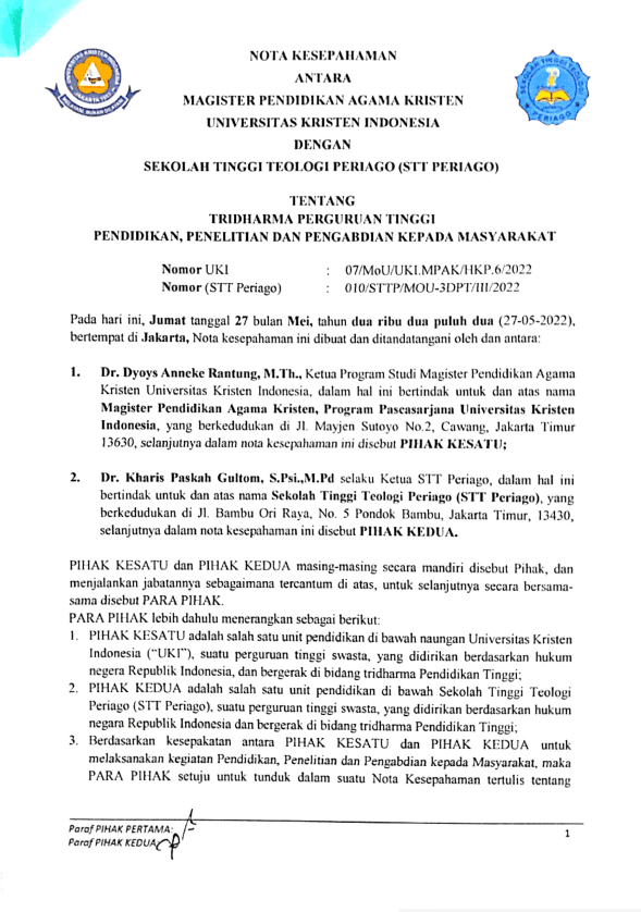 Memorandum Of Understanding (MOU) STT Periago – Universitas Kristen Indonesia